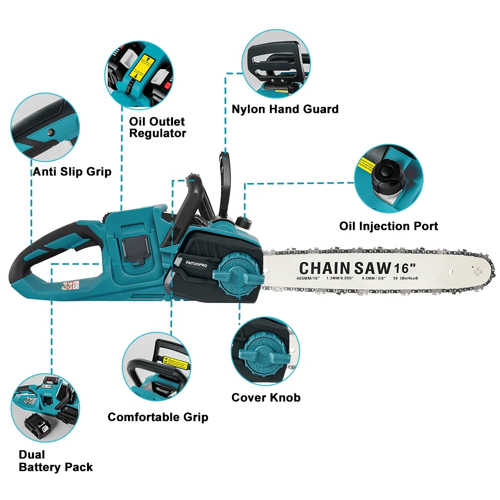 PATUOPRO 16 Inch Brushless Electric Chainsaw Cordless Woodworking Power Tools Orchard Branch Handheld Cutter For Makita Battery