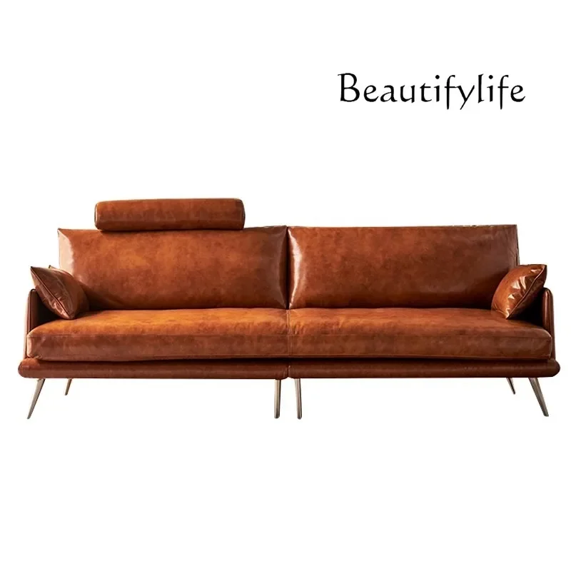 Oil wax leather sofa first layer cowhide living room high grade medieval American French retro caramel color