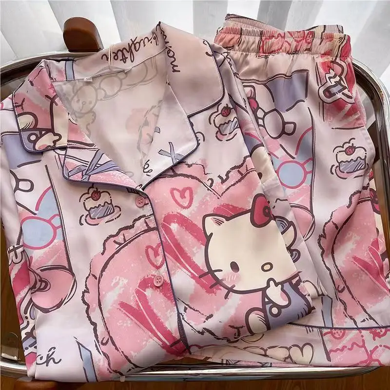 2026 New Cute Cartoon Hello Kitty Satin Sleepwear Set Women Short Sleeve Shorts Soft Comfy Summer Casual Fashion Home Loungewear view 3