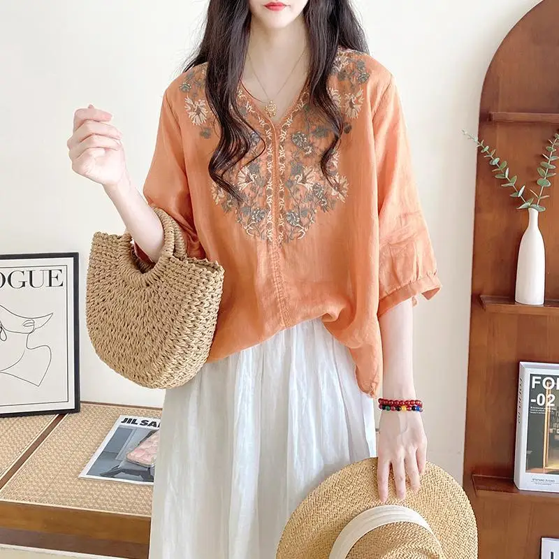 Womens Vintage Embroidery Vacation Beach Blouse Summer Trendy V Neck Half Sleeve Shirt Loose Cotton Comfortable Tops Casual Ropa