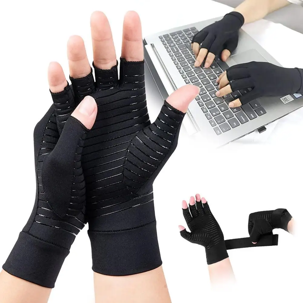 1Pair Copper Compression Arthritis Gloves With Strap,Best Copper Infused Glove For Women And Men,Arthritis, Rheumatoid & Typing