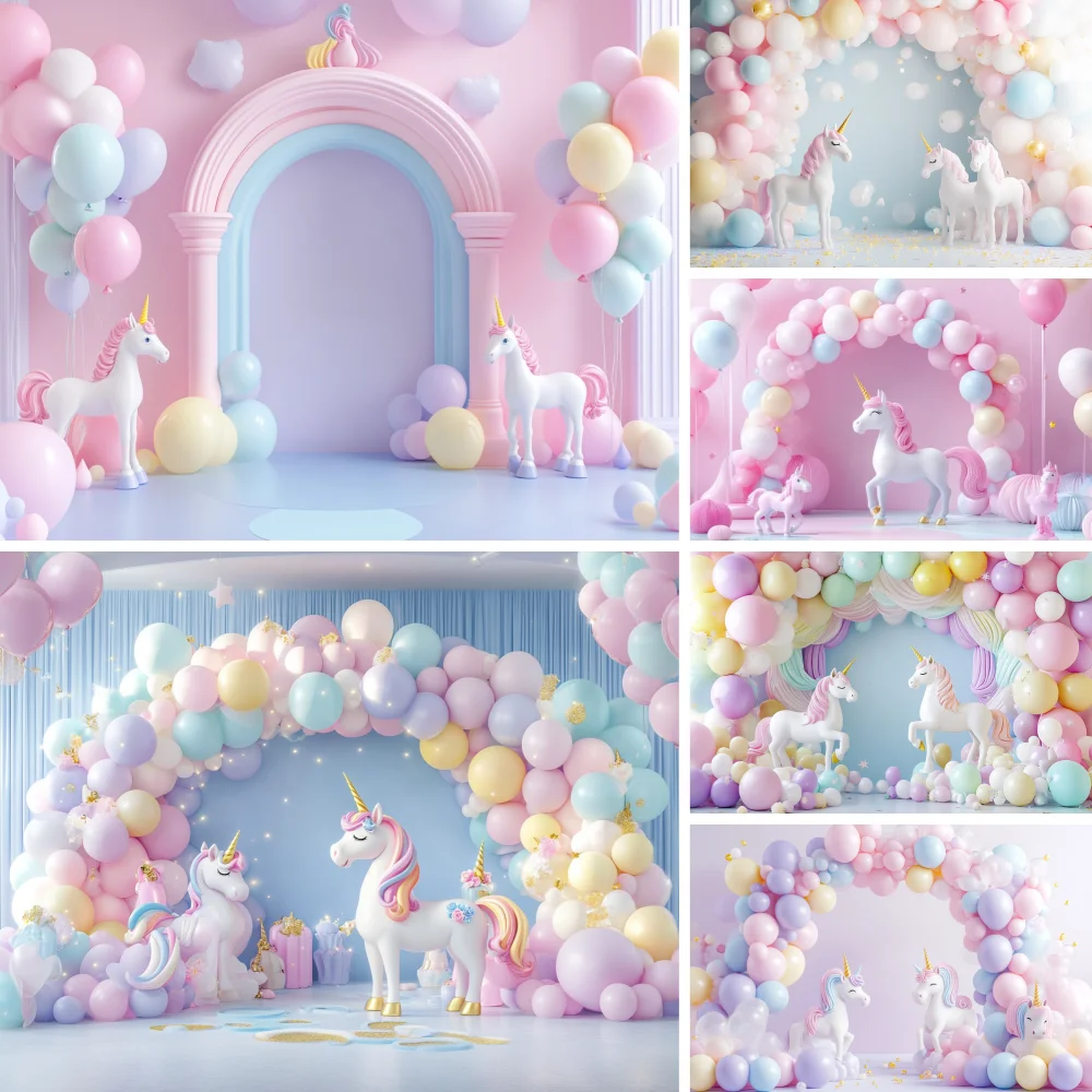 

Unicorn Birthday Party Backdrop Girl Cake Smash Photography Colorful Rainbow Princess Background Balloon Photo Studio