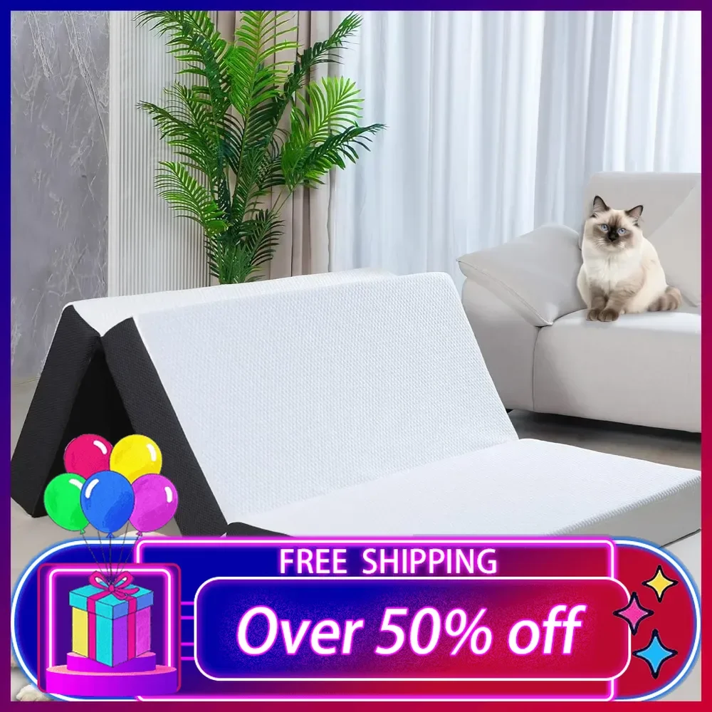 Folding Mattress Queen Size,6 inch Tri-fold Memory Foam Mattress Topper with Washable Cover, Non-Slip Bottom Mattress Guest Bed