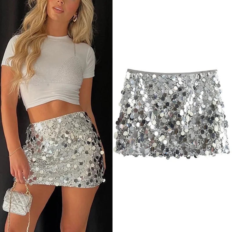 TRAF Silver Sequin Skirt Woman High Waist Mini Skirt Woman Fashion Shiny Glitter Elegant Short Skirts For Women 2024 Y2k Skirts