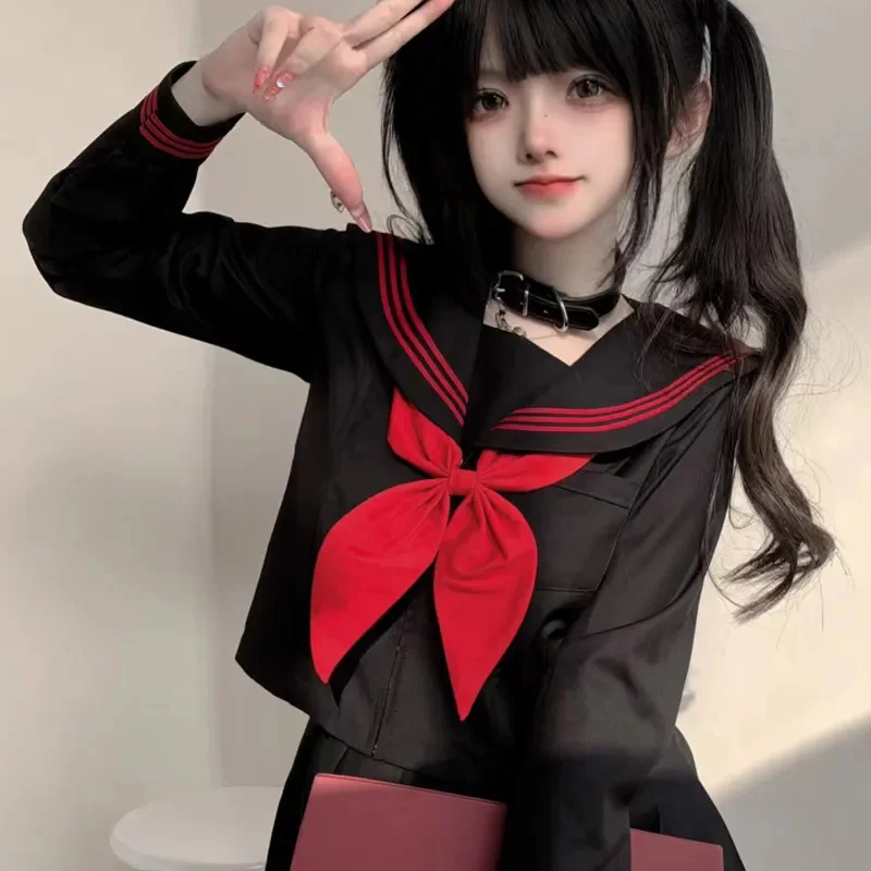 Japanese School Uniform Suit Sailor JK S-2XL Basic Cartoon Girl Navy Sailor Uniform Black sets Navy Costume Women girl costume