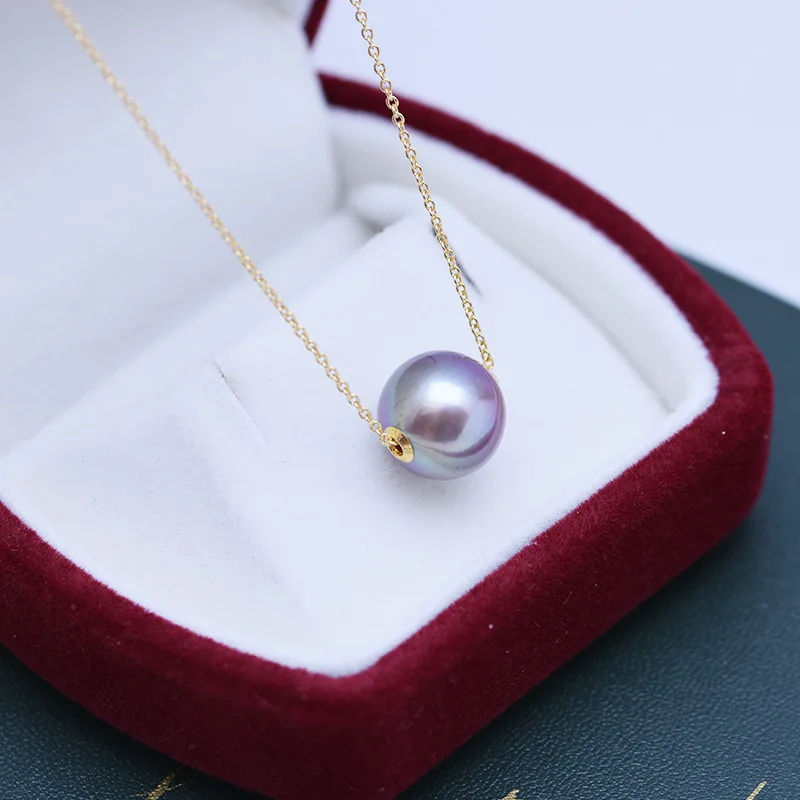 noble Amazing AAA 11-10mm round Qiangguang Pearl Demon Purple Road Traffic S925 Silver Pendant Necklace