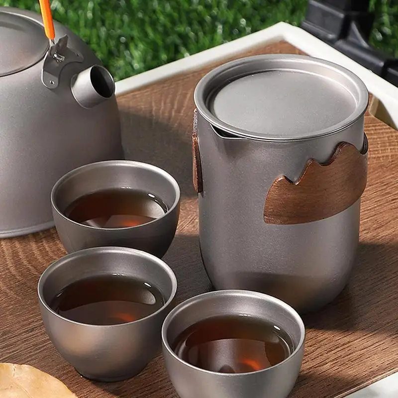 240ml/ 350ml Titanium Tea Set Double-Walled Tea Maker Lightweight Teapot with 3 cups Outdoor Camping Tea Cup Mug Kung Fu Tea Set