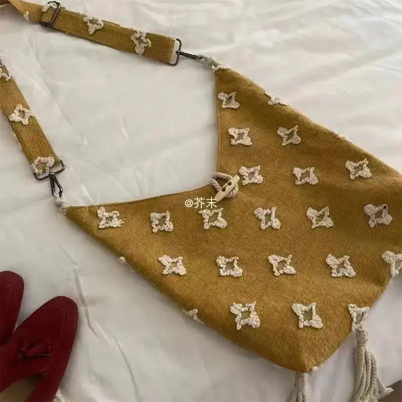 Bloom Haruku Canvas Tassel Yellow Handbag Women Retro Star Large Capacity Tote Bag Ladies Artistic Casual Crossbody Bags New