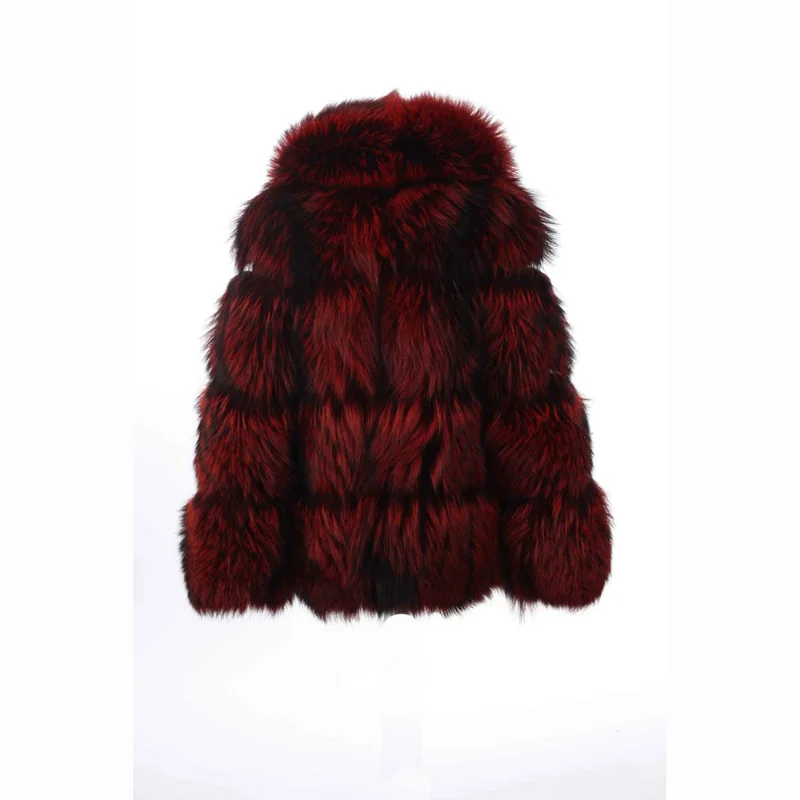 Genuine Dark Red Fox Fur Coat Women Fashion Luxury Outertwear Big Lapel Long Sleeve Warm Furry Natural Fox Fur Jacket Female