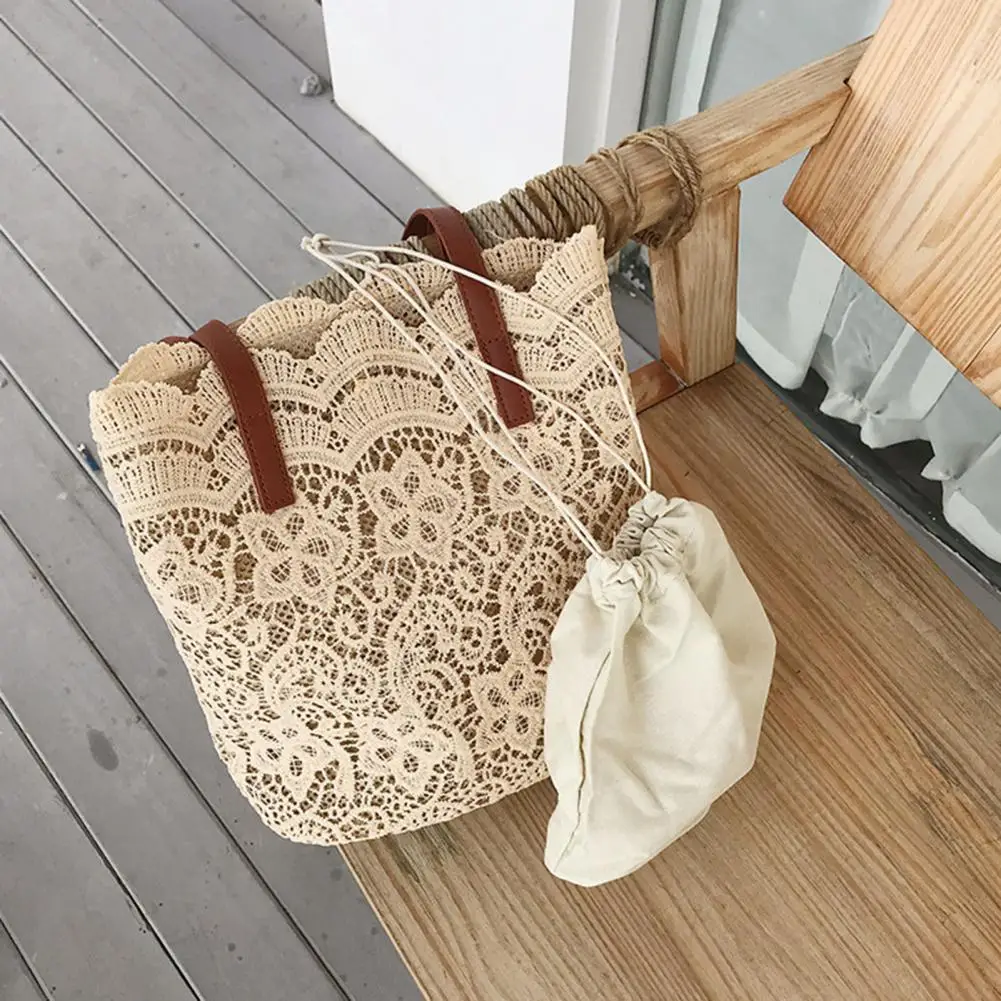 Trendy Women Handbag Long Lasting Lace Tote Bucket Shape Lady Multipurpose Top Bag Decorate