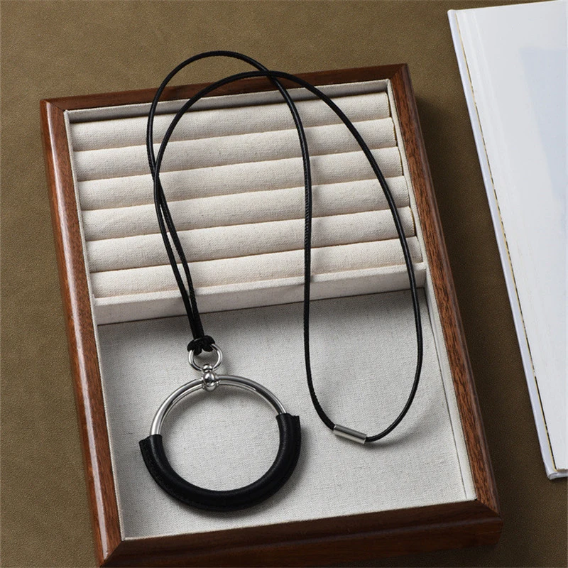 Europe Retro Circle Black Rope Pendant Sweater Chain Long Necklace Women Classic Minimalist Jewelry Trend