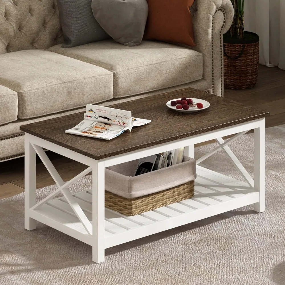 Coffee Table, Rustic Farmhouse Table with Shelf for Living Room, Vintage Finish White 39.4