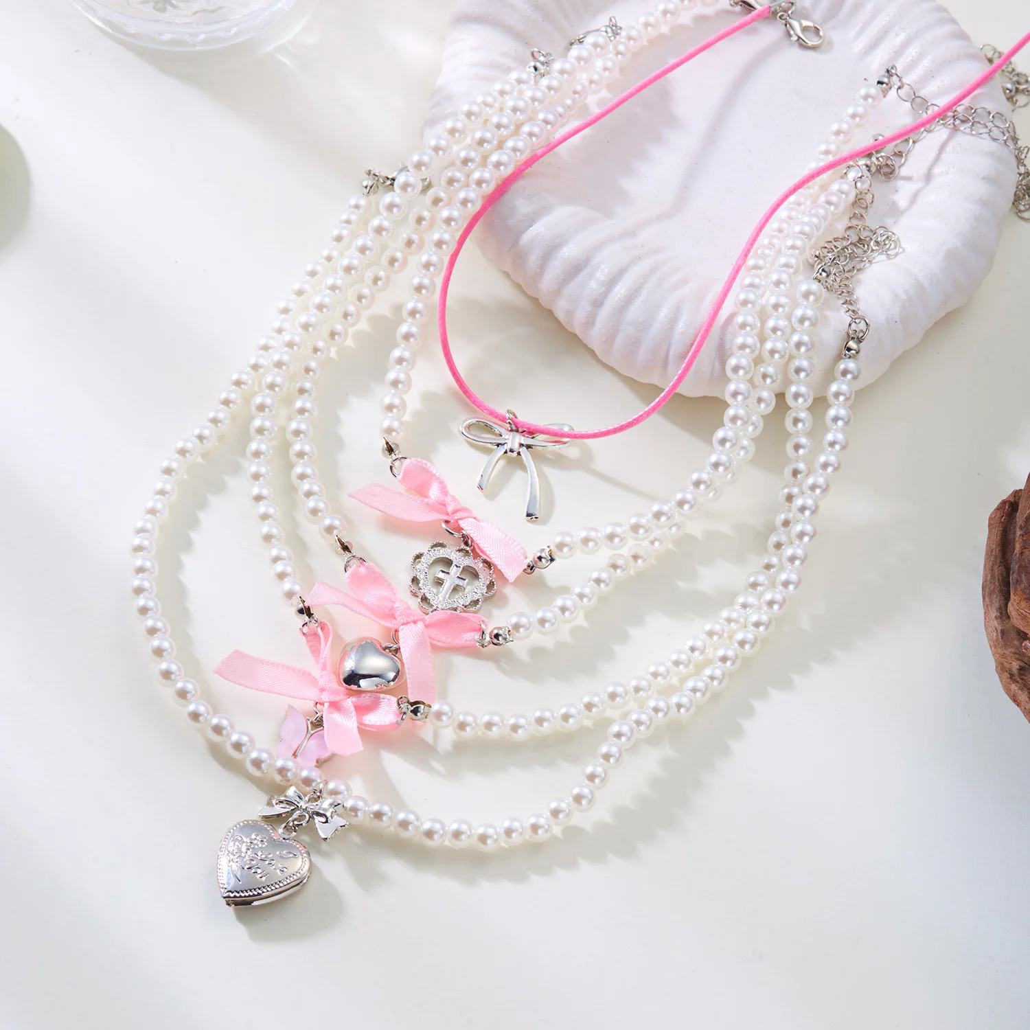 Romantische süße rosa Schleife Liebe Herz Anhänger Halskette Set für Frauen einfache handgemachte mehrschichtige Perlen Halskette Party Schmuck – Detail 8