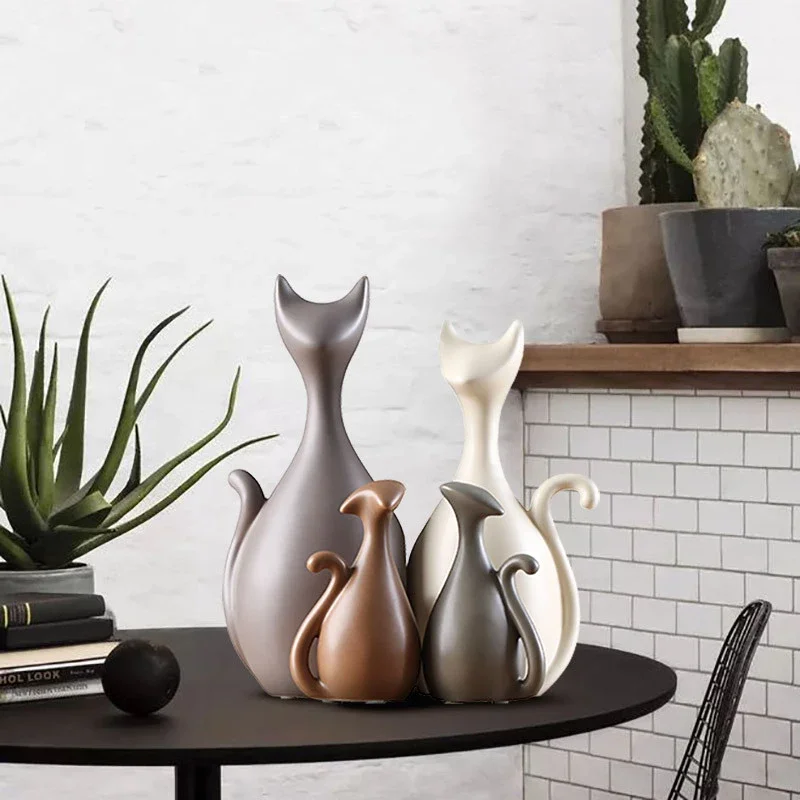 

Ceramic Cat Family Abstract Figurines Modern Art Statue Animal Sculpture Home Living Room Shelf Decoration Accessories Cute