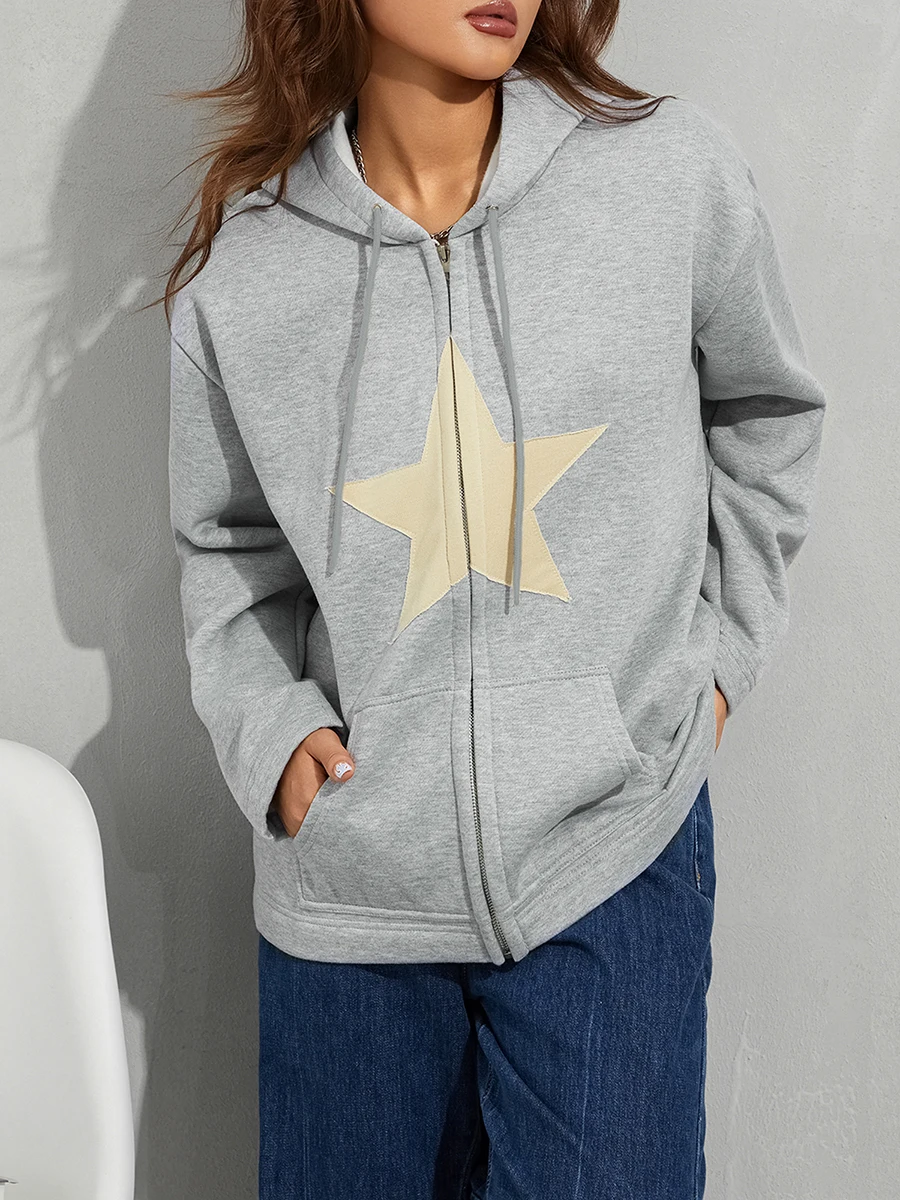 Women Hooded Jacket with Pentagram Pattern Smooth Zipper Loose Version Spring Clothing Sweatshirts Zip-up Y2K Hoodies