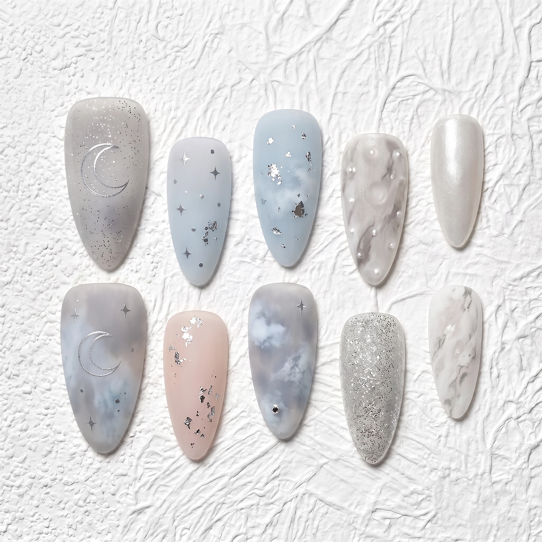 Artisan Handcrafted 10PCS Starry Night Almond Press-On Nails | Moon & Stars, Clouds, Pearls, Metallic Flakes, Glitter, Bridal &