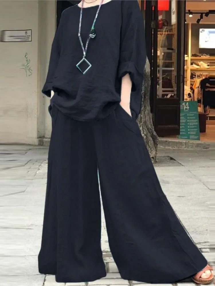 Casual Vintage Solid Color Pants Sets Women Loose Long Sleeve T Shirt Wide Legs Trousers Two Piece Set Female Spring Autumn New