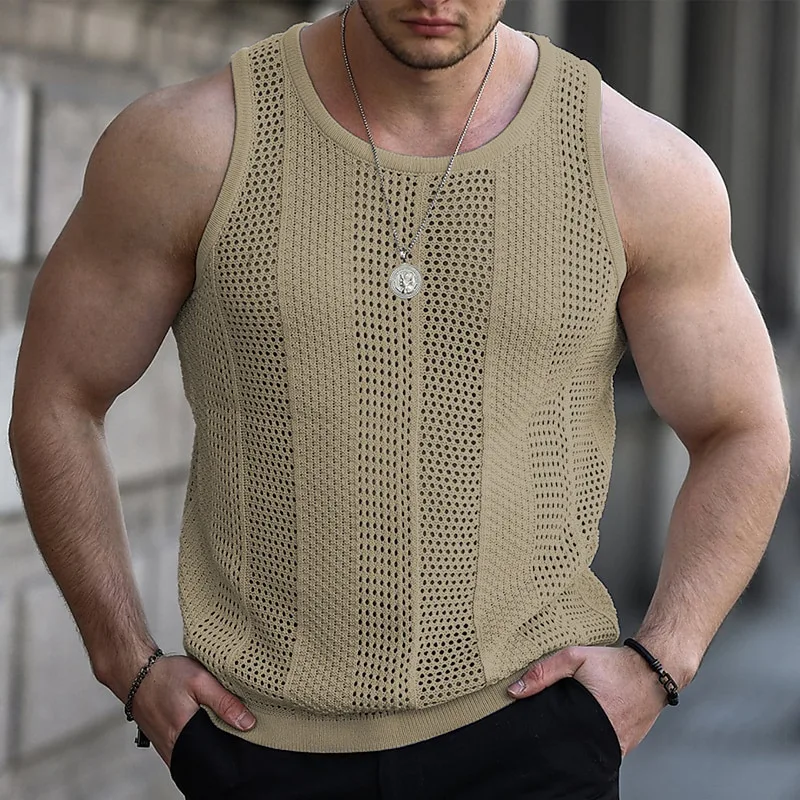 Summer New Men's Solid Color Loose Sleeveless Sweater Wool Woven V-neck Breathable Outdoor Sports Fitness Men's Vest M-3XL