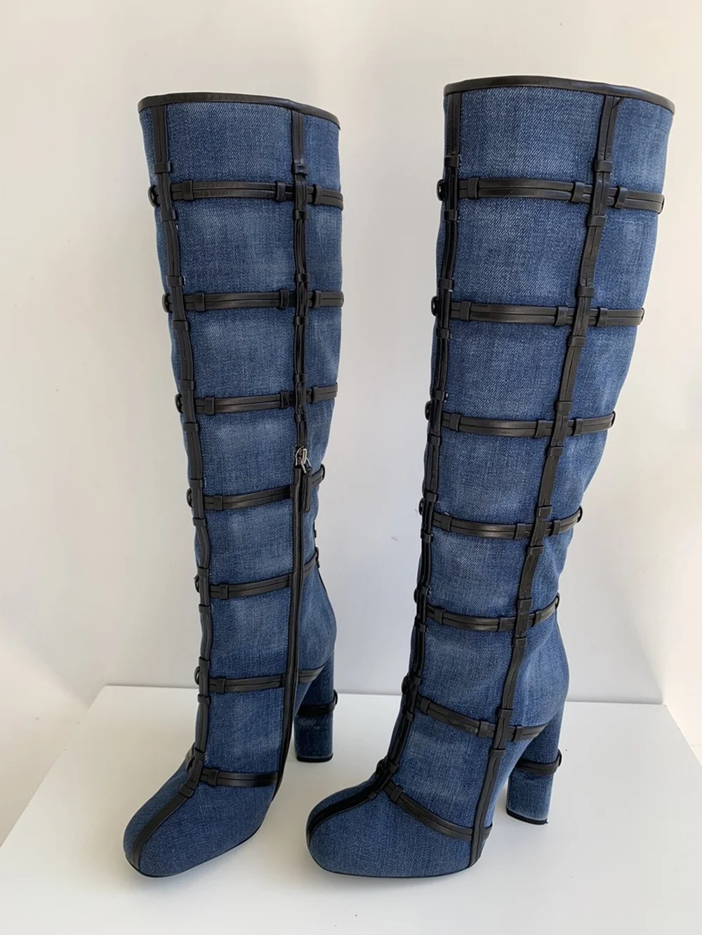 

Round Toe Blue Denim Knee-High Boots Black Leather Grid Straps Block Heel Casual Chic Style Elegant Retro Women's Boots