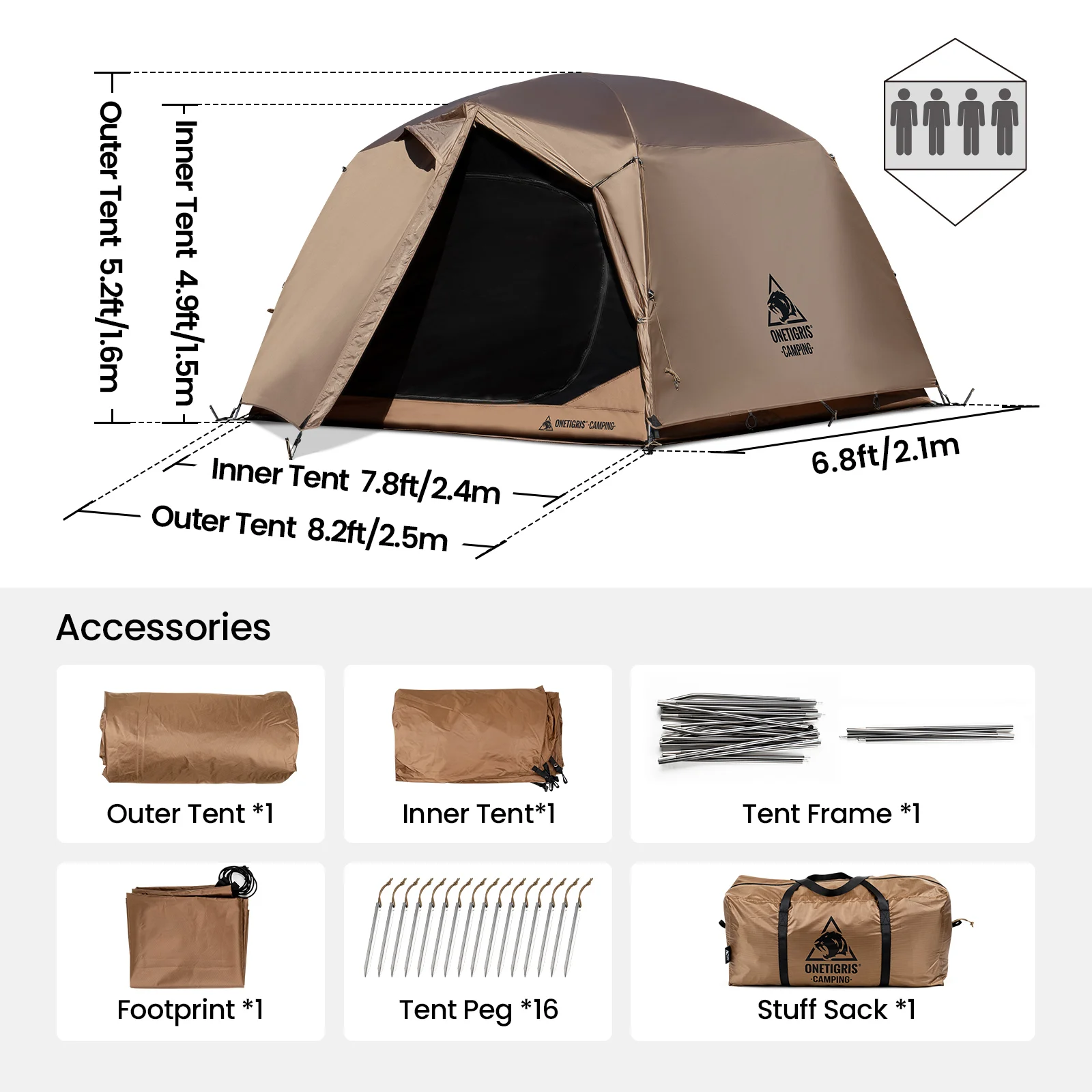 OneTigris Jovian – Tienda campaña 3 estaciones 4 personas outdoor