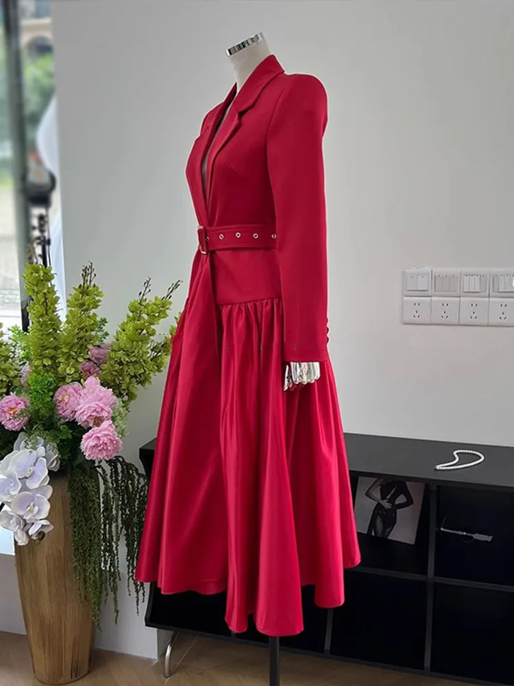 TWOTWINSTYLE Solid Patchwork Belt Loose Temperament Dresses For Women Notched Collar Long Sleeve High Waist Derss Female 2023