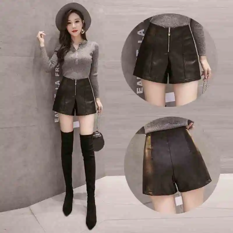 

2024 Spring Women Faux Leather Shorts Wide Leg Shorts High Waist Female Shorts All-Match Solid Loose Casual PU Shorts T376
