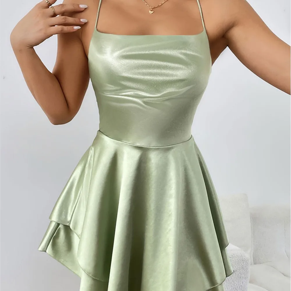 Satin Pleated Suspender Dress Summer Women's New Sexy Backless Drawstring Tube Top Solid Color Sleeveless Frock Ropa Mujer