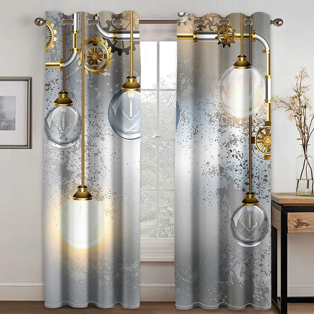 

Steampunk Style Brass Fastening Window Curtains, Antique Composition, Round Print, 3D Digital Printing, Bedroom, Living Room