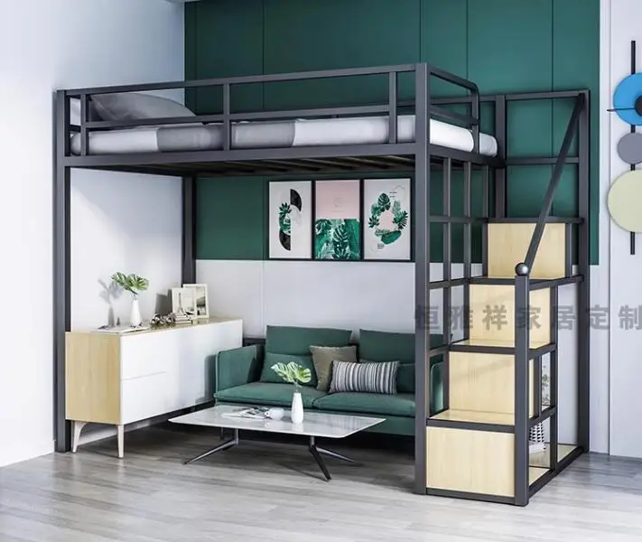 Wrought iron elevated bed sheet Upper Space saving Apartment Loft bed bed under table iron frame bed double bed