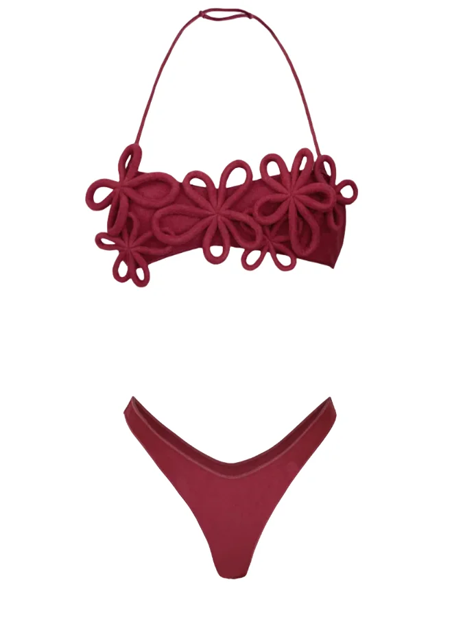 Bikini de punto a mano para mujer, traje de baño cubierto de rejilla, color rojo, con diseño de personalidad, para la playa, 2024