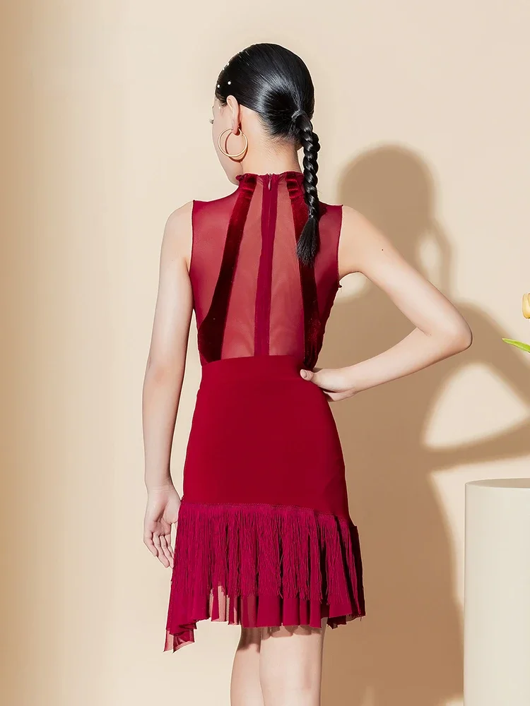Samba Tango Ballroom Latin Dance Girls Dance Clothes Red Mesh Dance Skirt Professional Competition Stage Performance Clothes