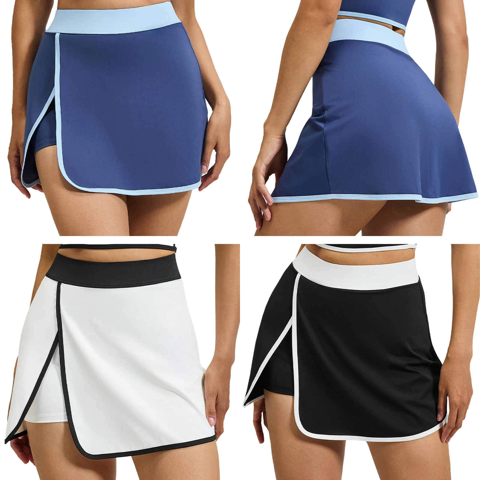 

Women Sexy Sports Side Split Contrast Color Tennis Skirts High Waist Elastic Waistband Yoga Athletic Skirt with Built-in Shorts
