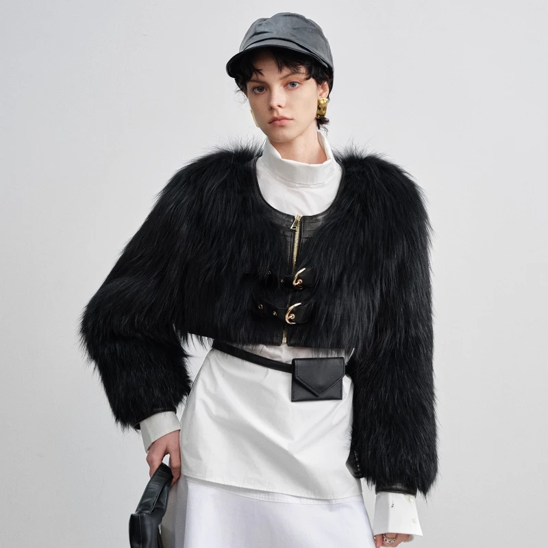 YOLANFAIRY 가을 겨울 수입 여우털 직조 리얼 퍼 코트 라운드넥 긴팔 숏 퍼 재킷 여성용 2025