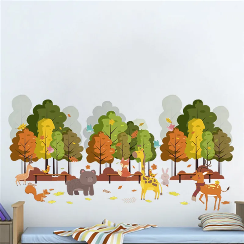 Happy Animal Tree Wall Stickers For Kids Room Bedroom Decoration Deer Fox Giraffe Safari Mural Art Diy Pvc Home Decal