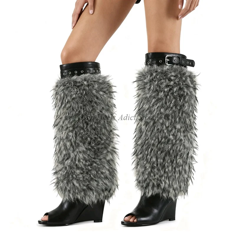 الفراء الأسود اللمحة تو أسافين كعب الجلود حذاء برقبة للركبة المرأة مثير كبيرة الحجم لينة أحذية طويلة الفاخرة مصمم 2025 جديد في الأحذية #3