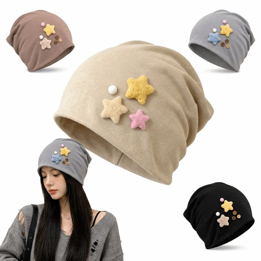 New Japanese Style Women's Beanie Star Detail Skull Cap Face-Flattering Fit Warm Pull-On Hat Outdoor