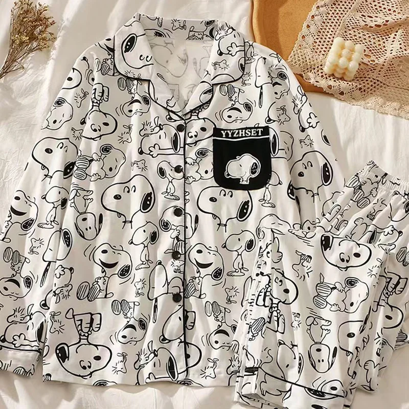 

2Pcs/set Cartoon Snoopy Pajamas for Women and Men Warm Comfortable Spring Autumn Casual Home Pajamas Sets Holiday Gifts