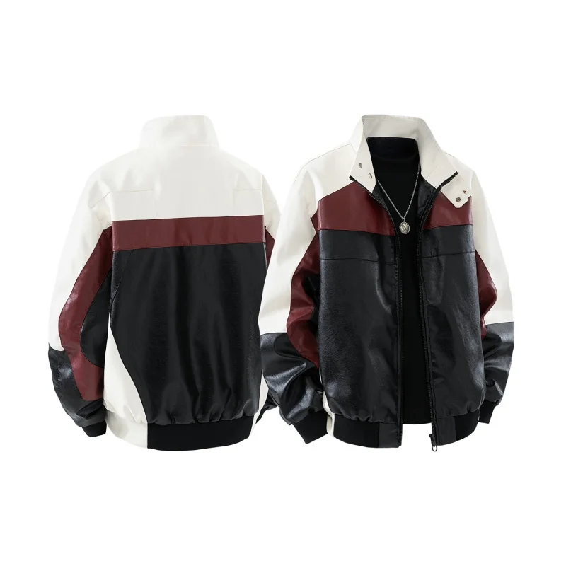 

Men's American Standing Collar Leather Jacket New Fashionable Men Outerwear New Harajuku Loose Coats Pilot Baseball Jacket