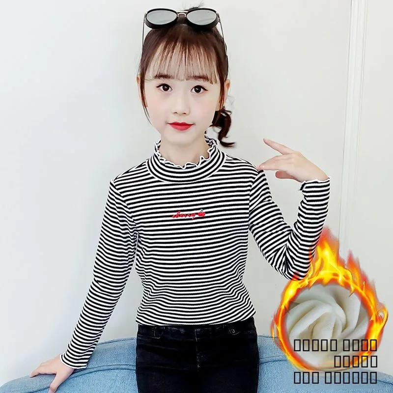 ملابس بناتي مخططة طويلة Sve قاعدة irt لربيع وخريف 2025 جديدة متوسطة وكبيرة للأطفال بياقة عالية النسخة الكورية Ch...