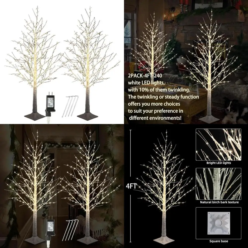 

4-Foot 240 LED Birch Christmas Tree with Warm White Twinkle Lights - Ideal for Indoor and Outdoor Decorations