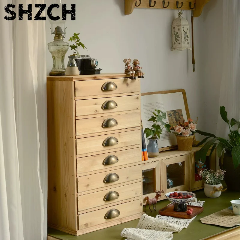 Cajonera Vintage de Madera Maciza con Múltiples Cajones, Organizador Compacto de Escritorio, Almacenamiento Retro para Documento