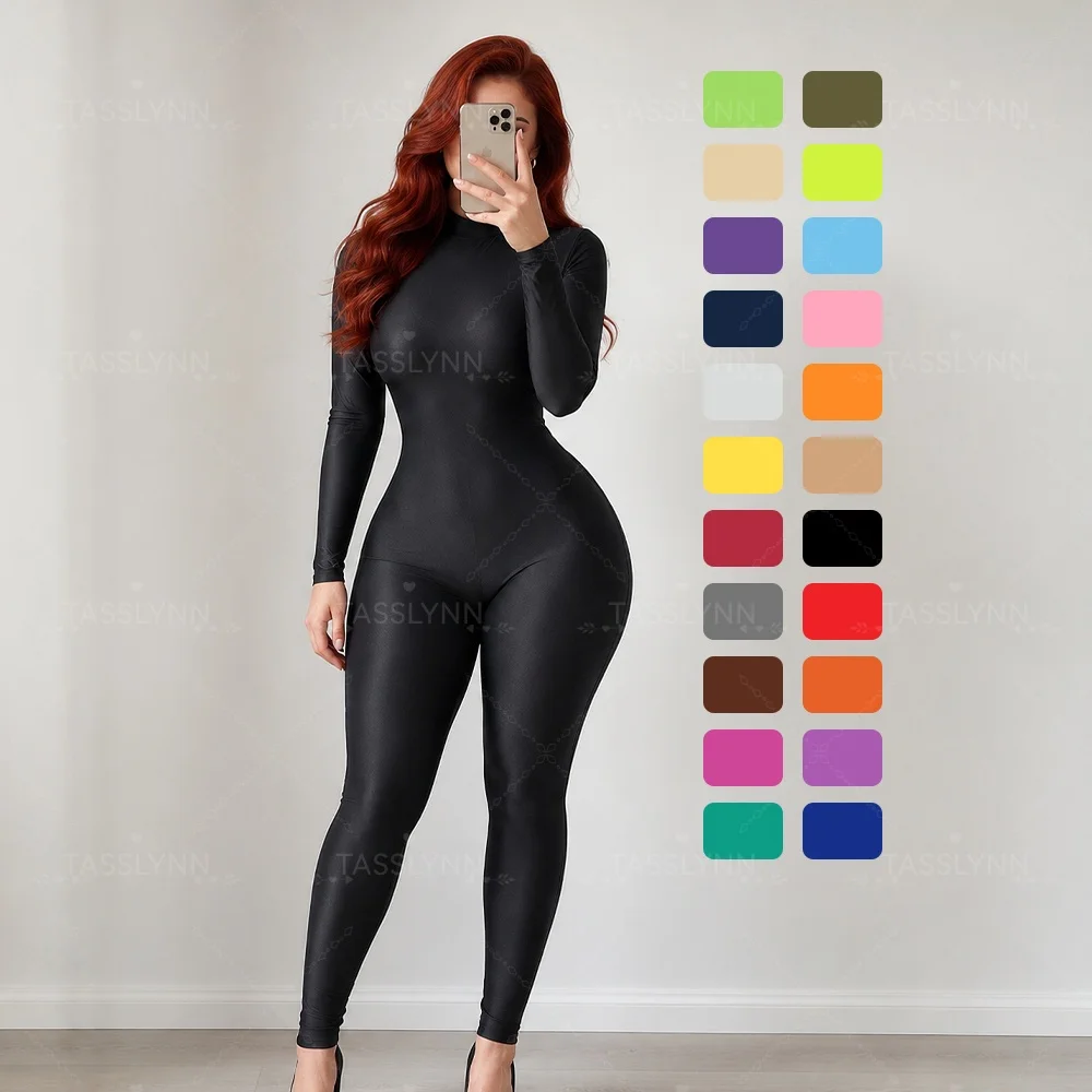 Women Solid Color Curvy High Neck Long Sleeve Catsuit Stretch Elastane Bodysuit, Cosplay Base Layer Portrait Shooting Costume