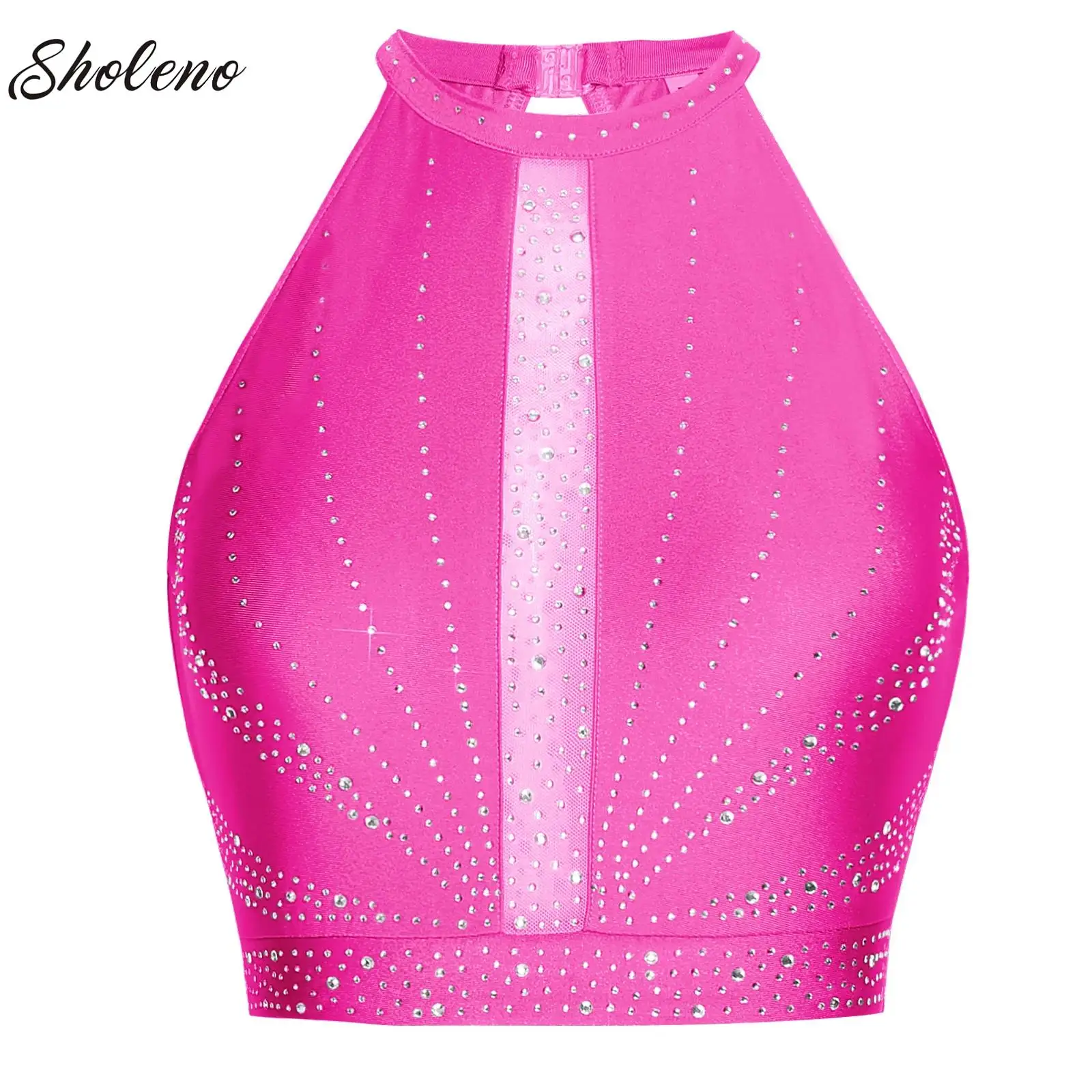 

Womens Tumbling Activewear Contemporary Lyrical Dance Crop Top Shiny Rhinestone Back Hollow-out Vest Stage Performance Clothes