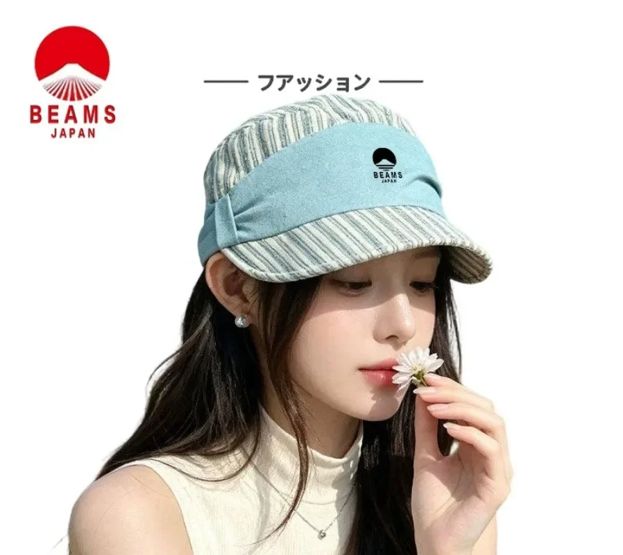 BEAMS Women Summer Thin Vintage Equestrian Beret Hat Linen Breathable UV Protection Duckbill Cap Japanese Style Casual