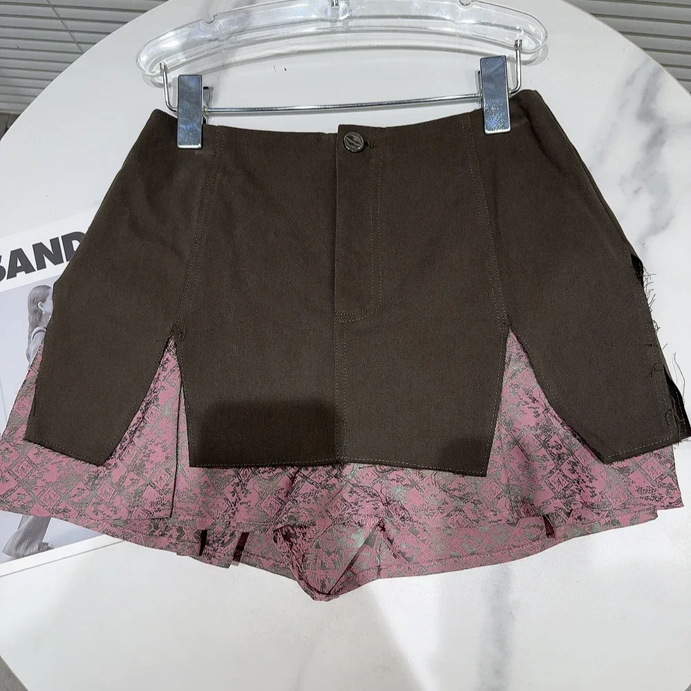 American Style Sexy Girl Short Skirts A-shaped Skirt 2024 Autumn New Printing Color Matching Brown Splicing Skirt Y2k Skirt