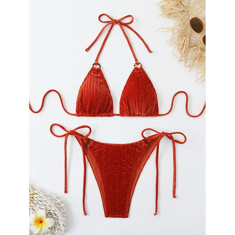 Microbikini rojo 2025, Bikini brasileño con Tanga, traje de baño de dos piezas para mujer, traje de baño triangular, ropa de playa femenina de verano