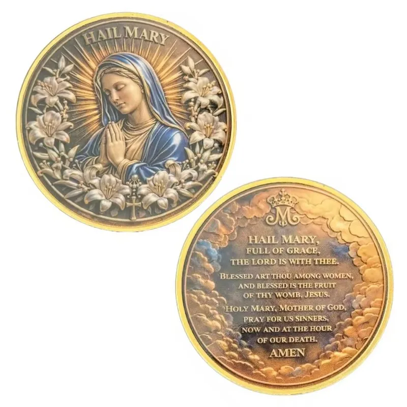 Hail Mary Virgin Mary Gold Plated Memorial Prayer Coin Religious Collectible Token 40mm Round Shape Catholic Faith Gift Devotees