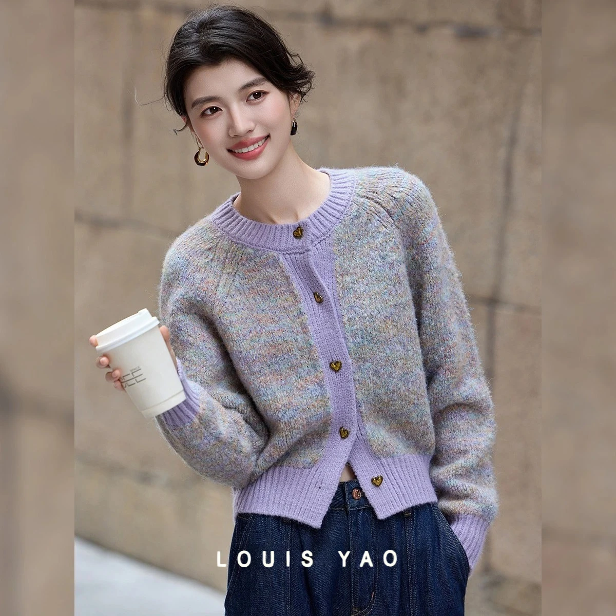

LOUIS YAO милый стильный женский вязаный свитер 2022, осень/зима, нежная верхняя одежда с круглым вырезом, офисный женский вязаный кардиган, пальто