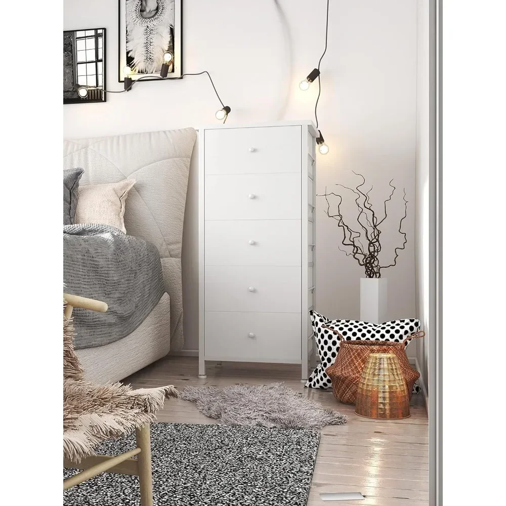 

Tall White Dresser for Bedroom 5 Drawer & Chests of Drawers Fabric Dresser Storage Tower for Closet Kids and Adult Modern