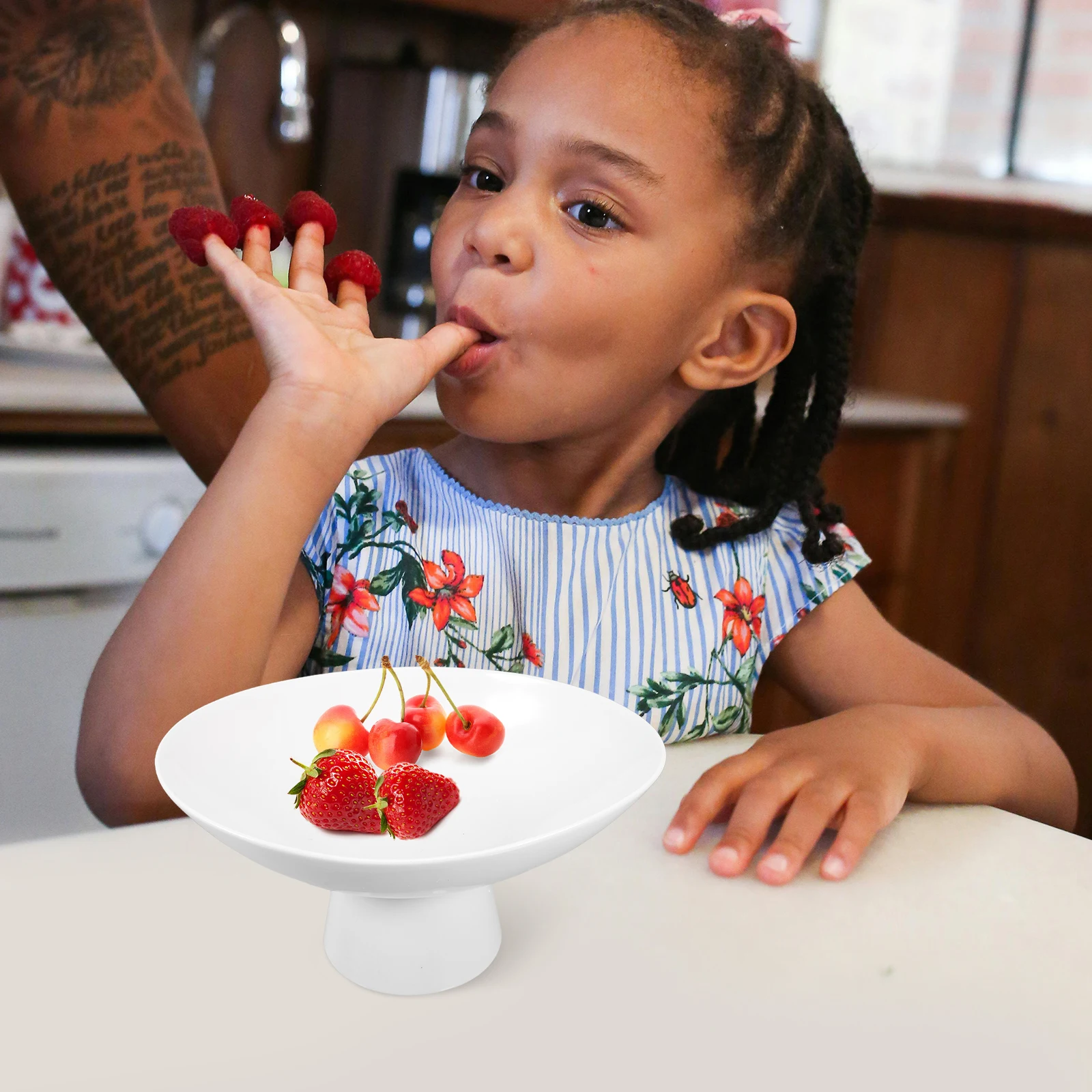 

Footed Fruit Bowl White Ceramic Dessert Table Tray Round Pedestal Cake Stand Decorative Kitchen Counter Display Centerpiece